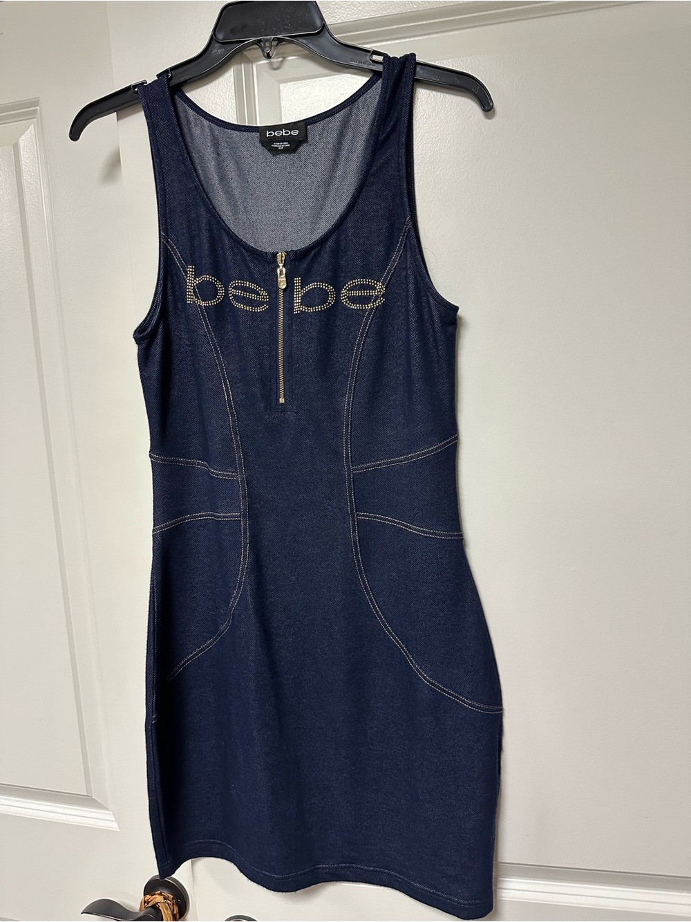 bebe Navy Rhinestone Logo Zip-Front Mini Dress